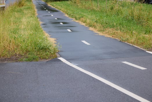 A Rainy Bike Path that is Lushly Surrounded by Vibrant Grass and Natures Beauty photo