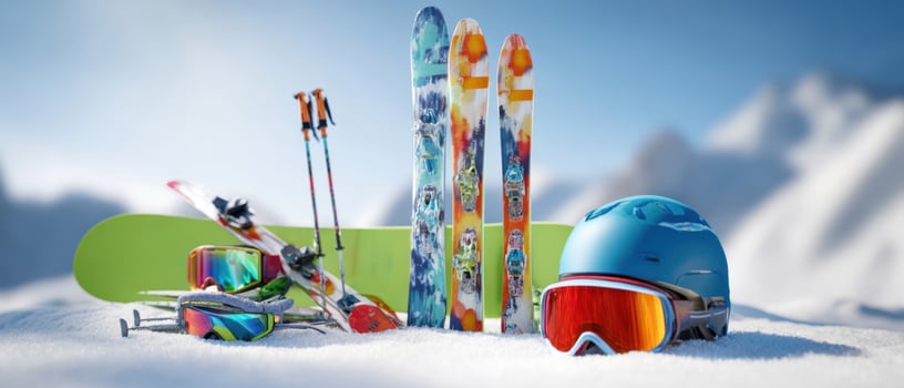 The vibrant collection of skiing and snowboarding equipment in a wintery landscape. photo