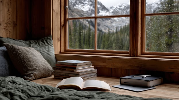A bed with a book and a pen sitting in front of a window photo