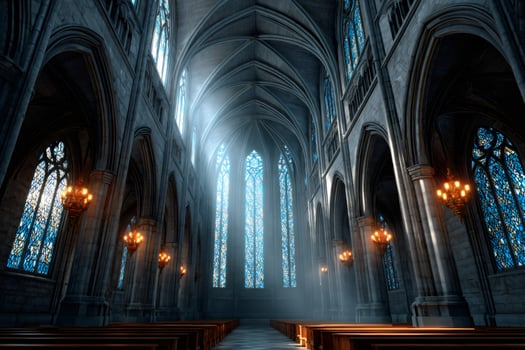 Light beams shining through stained glass windows in gothic cathedral photo