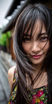 A woman with long black hair and a floral dress photo