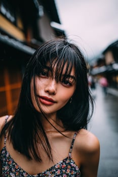 A woman with long black hair and a floral top photo