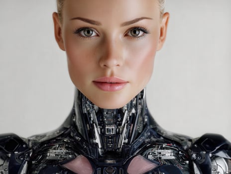 A woman in a futuristic suit with a robot head photo