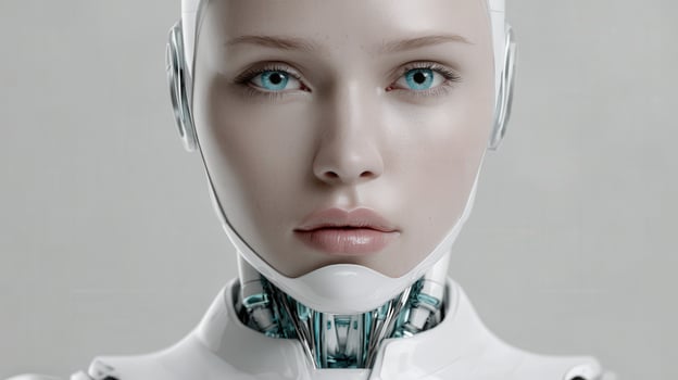 A close up of a female robot with blue eyes photo