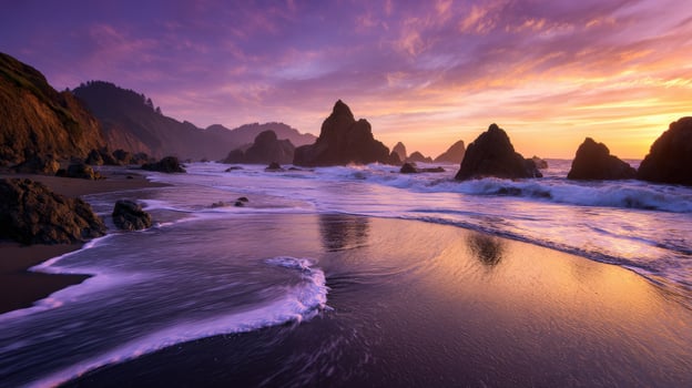 Sunset on the beach with rocks and water photo