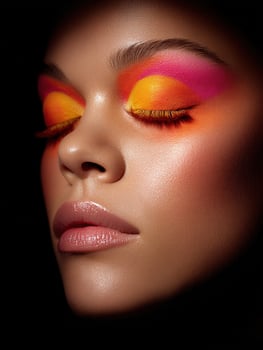 A woman with bright orange and pink makeup photo
