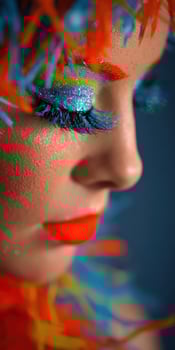 A woman with bright makeup and feathers photo