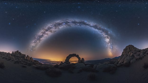 Panoramic night landscape with Milky Way arching over natural rock arch photo