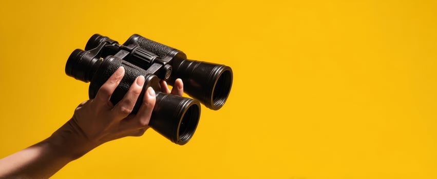 The Hand Holding Binoculars Against a Bright Yellow Background photo