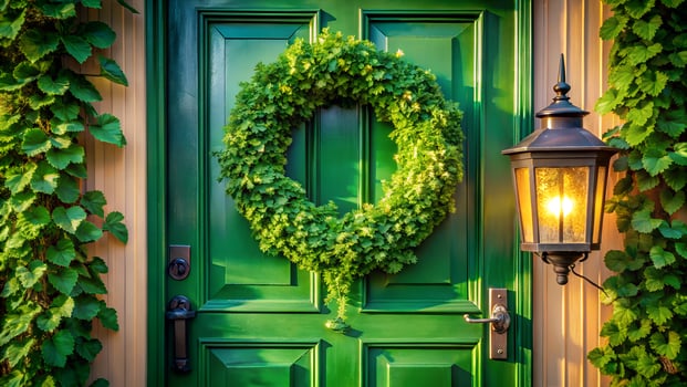 Of closeup view of a rustic green front door adorned with a lush green wreath and a warm glowing lantern, surrounded by climbing vines, exuding natural charm and welcoming ambiance photo