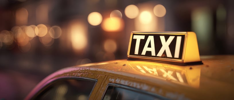 The illuminated taxi sign glowing in a bustling urban street at night. photo