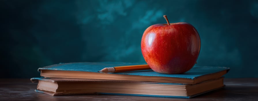 The apple resting on open books with a pencil against a teal background. photo