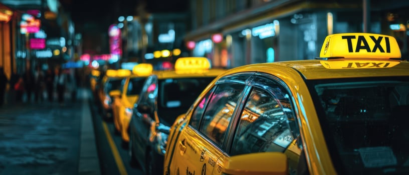 The taxi lineup illuminated by vibrant city lights at night. photo