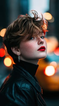A woman with red lipstick and a black leather jacket photo