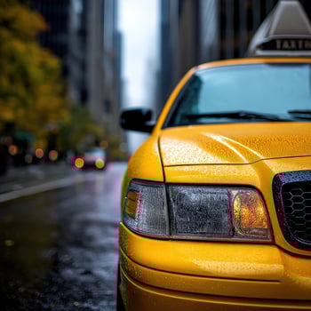 A yellow taxi cab on a rainy day photo