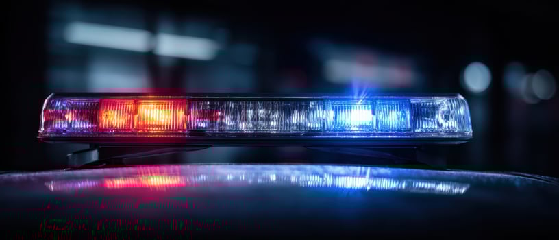 The flashing lights of a police vehicle in an emergency response setting. photo