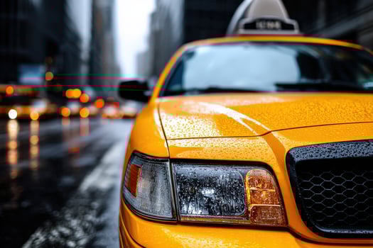 A close up of a yellow taxi cab on a rainy day photo