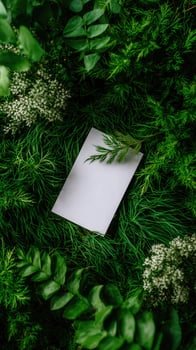 Blank paper on green grass with flowers and leaves photo
