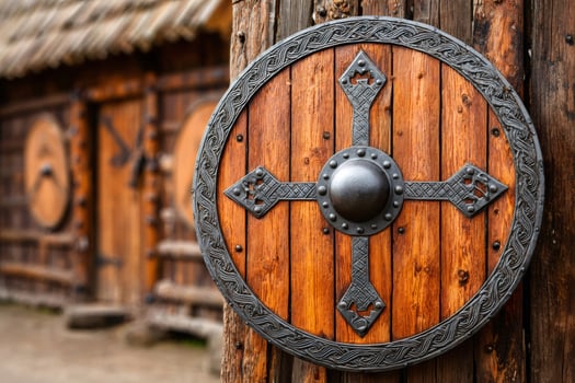 Round wooden viking shield hanging on a wooden post in a viking village photo