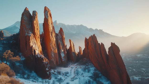 Majestic sandstone spires bathed in golden sunrise light photo