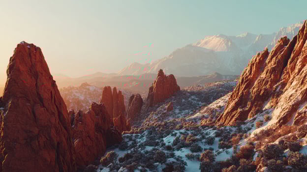 Sunrise over a winter wonderland of red rock formations and snow-capped mountains photo