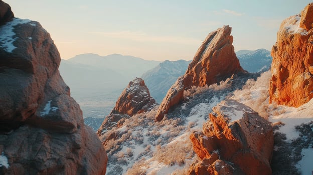 Winter mountain landscape with reddish rock formations photo