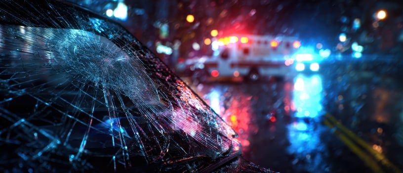 The aftermath of an accident with a broken windshield and emergency response scene. photo