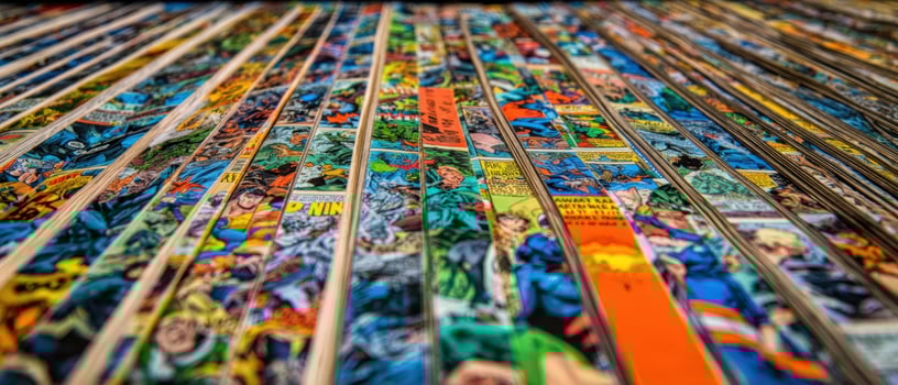 The vibrant collection of vintage comic book panels displayed artistically. photo