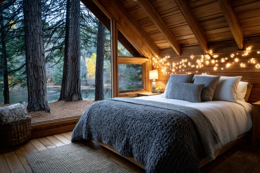 Cozy cabin bedroom overlooking tranquil forest lake at twilight photo