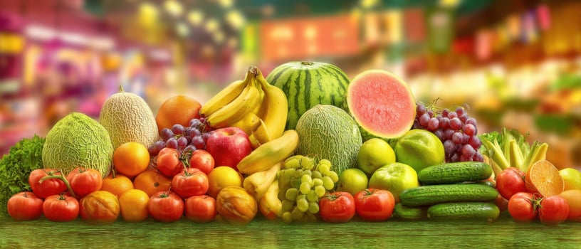The vibrant display of fresh fruits and vegetables at a market stall. photo