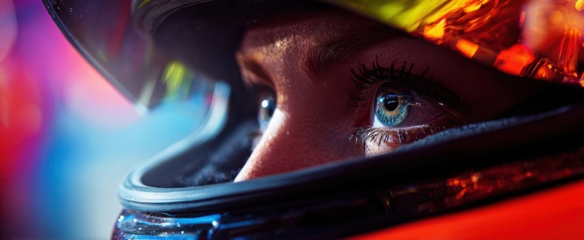 The intense gaze of a racer focused on victory in a colorful helmet. photo