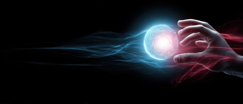 The Hand Reaching for a Glowing Energy Sphere in a Dark Space photo