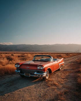 Classic convertible car on desolate desert path with soft golden light reflecting off faded paint surrounded by dry wilderness vegetation photo