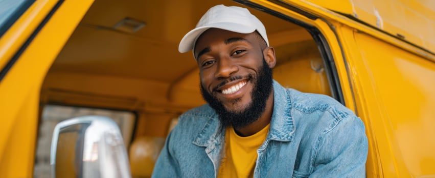 The smiling man enjoying a sunny day inside a vibrant yellow vehicle. photo