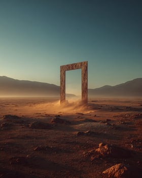 Isolated ancient stone doorframe standing alone in vast desert landscape under rising sun with hazy horizon and dramatic morning light photo