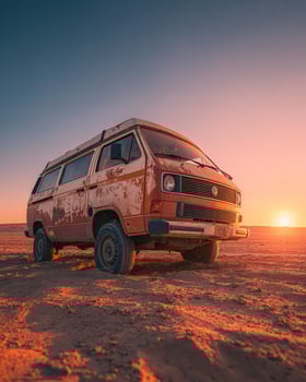 Desert scene featuring rusting retro van partially buried in sand dunes glowing under golden hour light representing lost travel and decay photo