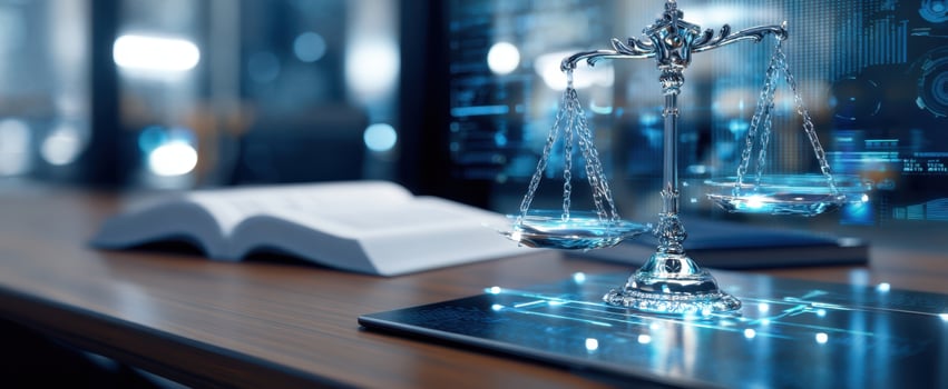 The elegant scales of justice balancing legal and technological concepts in a modern office. photo
