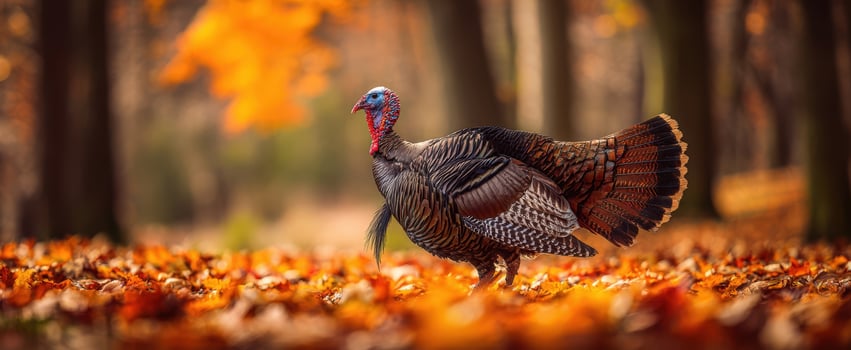The majestic turkey walking through a vibrant autumn landscape filled with colorful leaves. photo