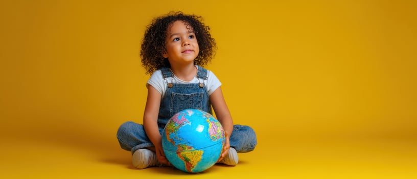 The cheerful child holding a globe against a vibrant yellow background. photo