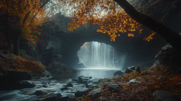 Autumnal waterfall hidden in a rocky archway photo