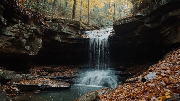 Autumn waterfall cascading into a woodland pool photo