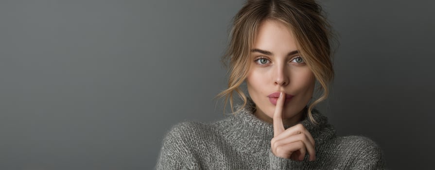The elegant woman making a silent gesture in a cozy gray sweater. photo