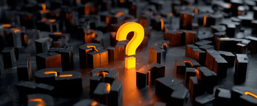 The luminous question mark surrounded by dark typographic elements photo