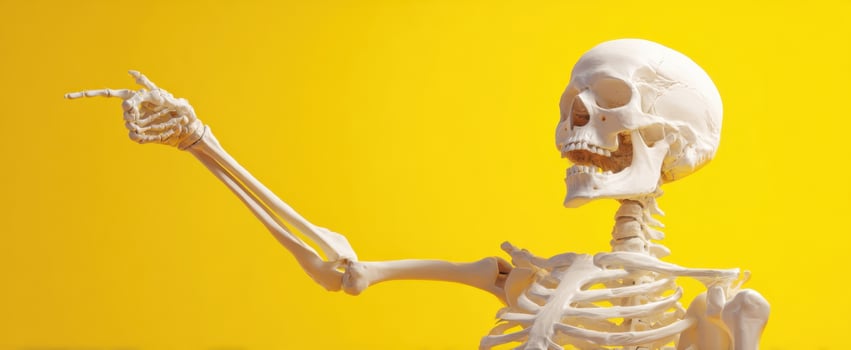 The skeleton pointing enthusiastically against a vibrant yellow backdrop. photo