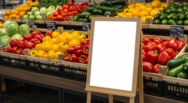 Blank Sign Amidst Colorful Fresh Produce at Grocery Store photo