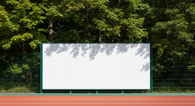 Blank White Billboard by a Running Track with Tree Shadows photo