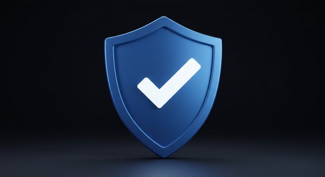 Blue shield with checkmark in center against a dark background used as approval icon photo