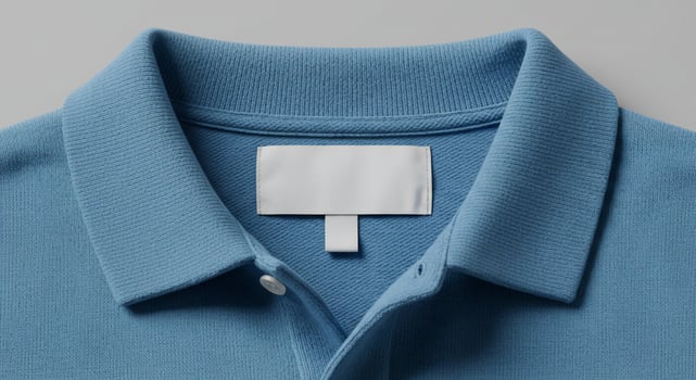 A blue polo shirt with a white label on it photo