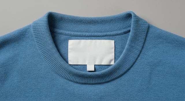 A blue sweater with a white label on the back photo