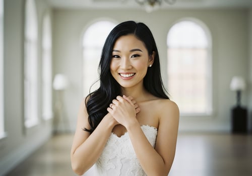 Bride smiles in a wedding dress, hands on chest, in an ornate hall photo